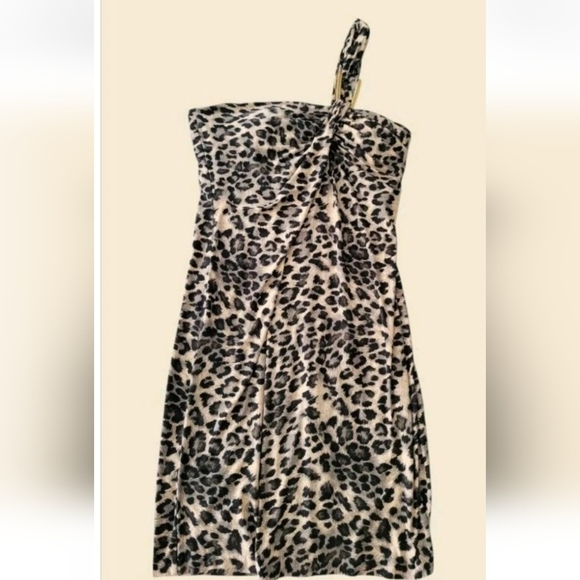 Donna Morgan One Shoulder Leopard Mini Dress Costume Sleevless Ruched Animal 10 - Picture 1 of 8